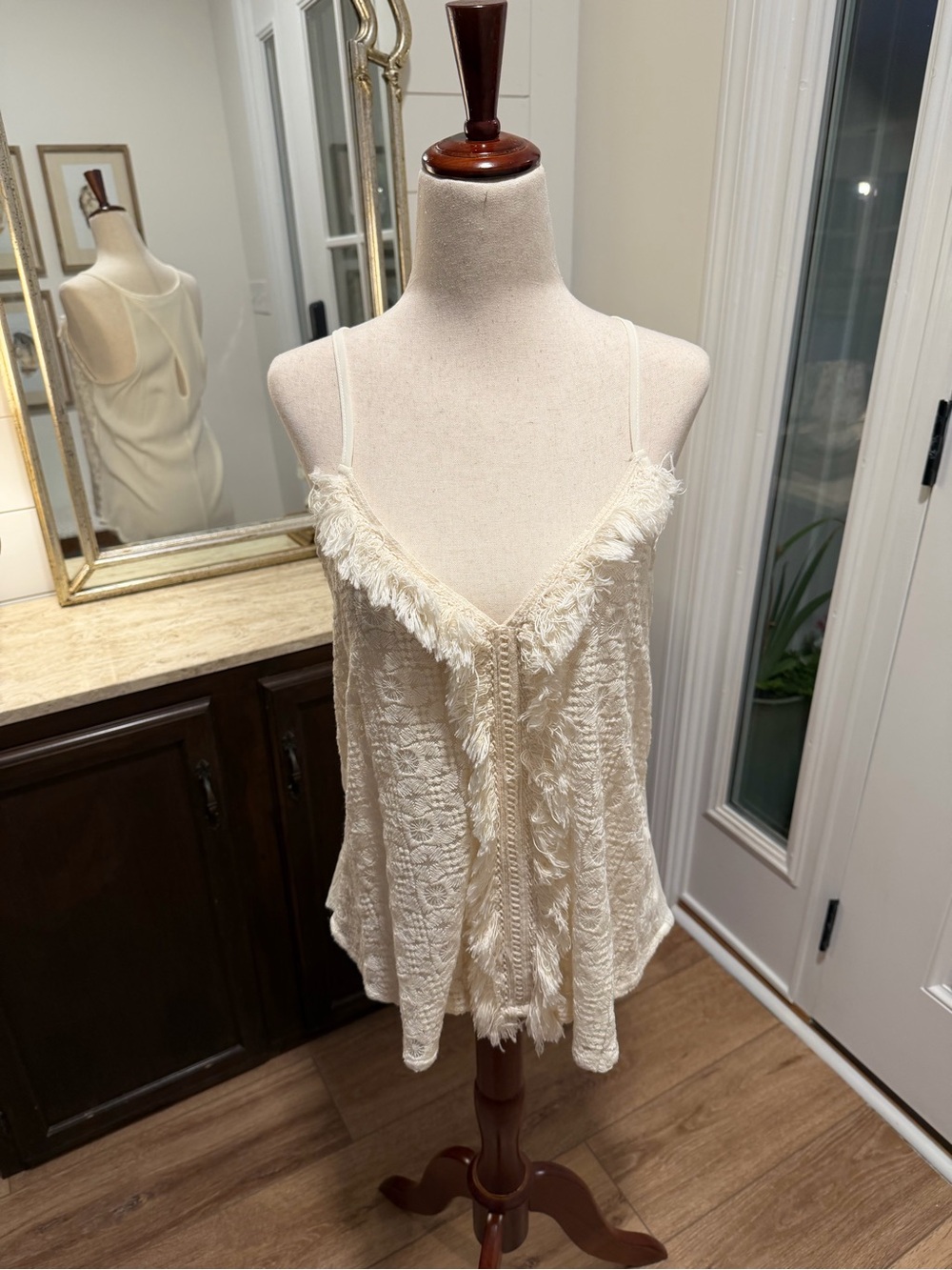 Fringed Lace V-Neck Camisole Tank Top - Cream